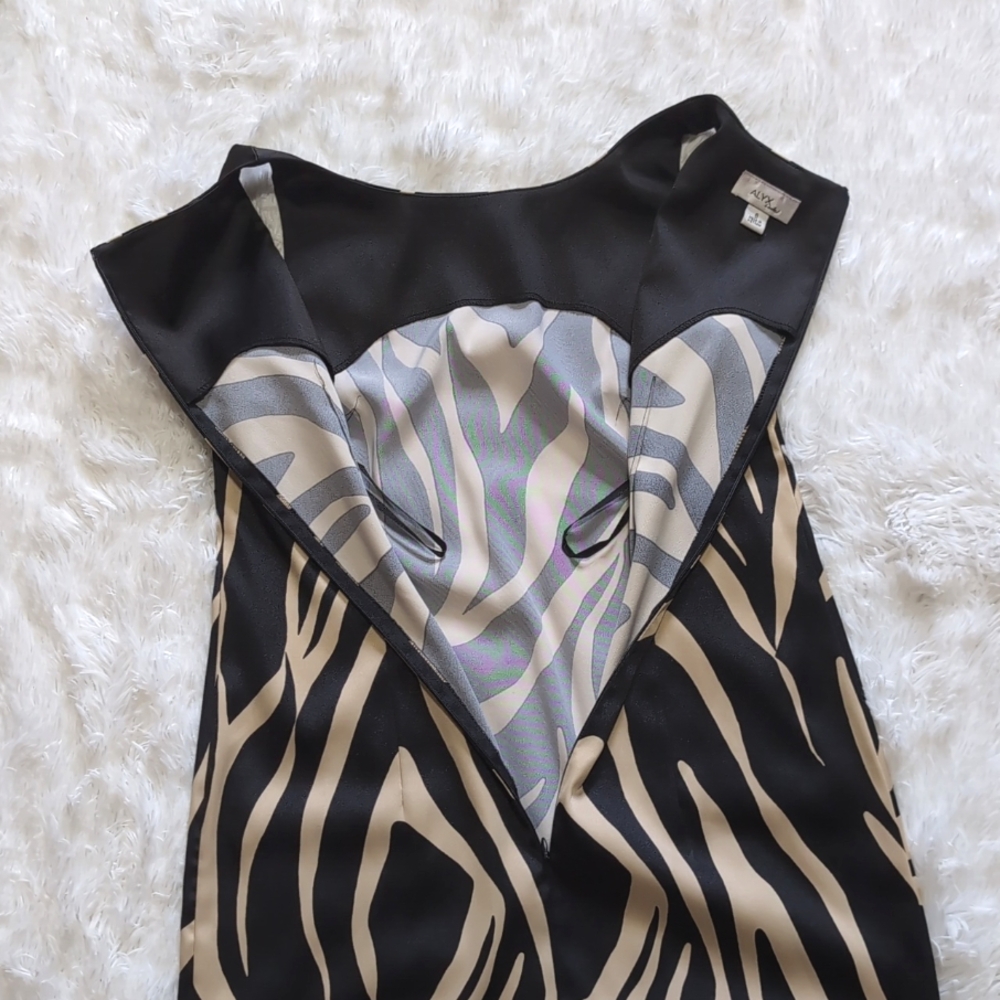 Y2K Alyx Limited Satin Zebra Print Black & Tan Shift Cocktail Dress Size 6 - Picture 6 of 12